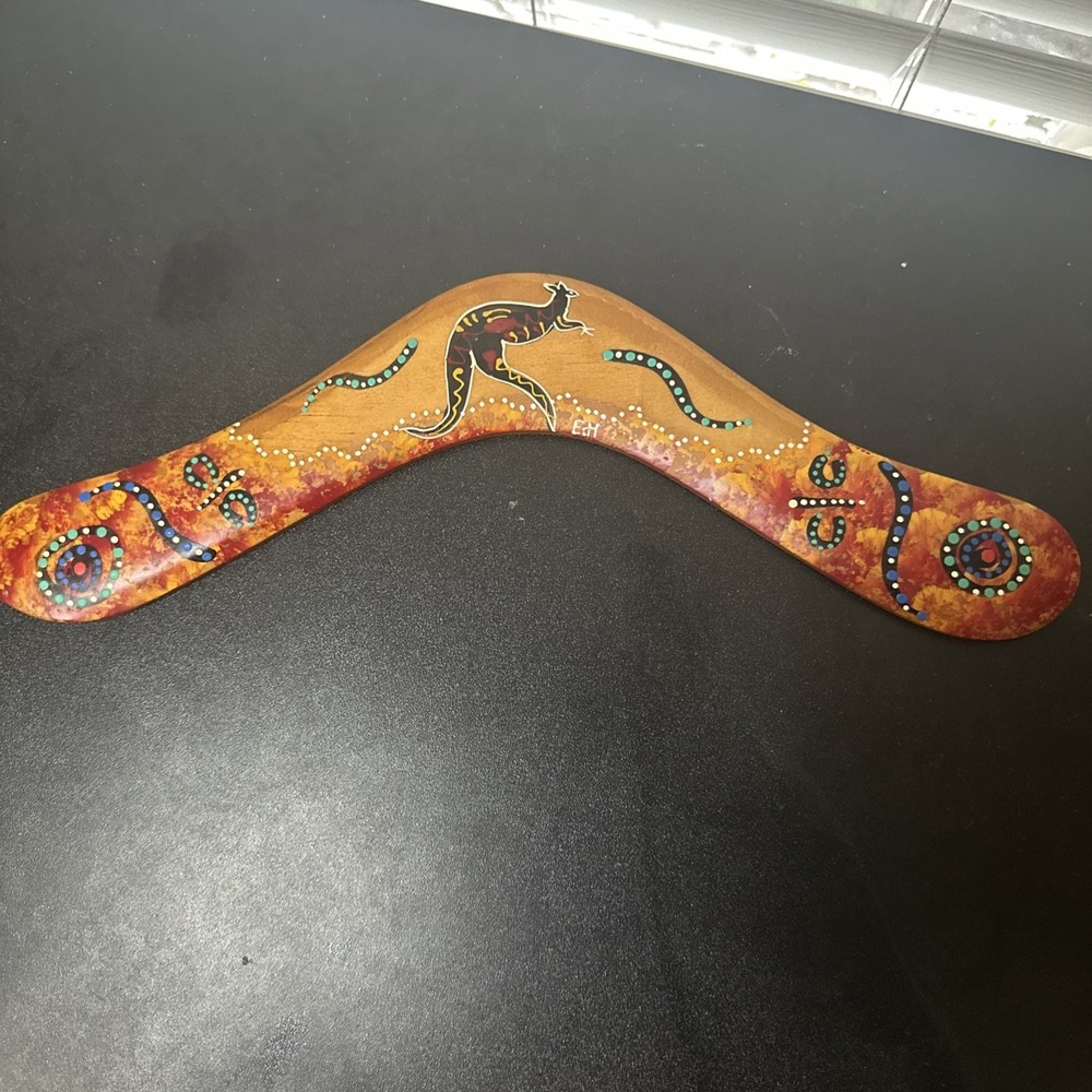 Authentic Hand Painted Australian Boomerang Kangaroo 14" Wood Art- Eddy Harris
